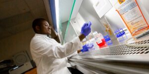 Researcher conducting a canine clinical trial in a veterinary laboratory
